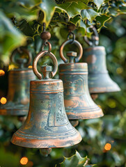 Obraz premium Christmas bells hanging from holly tree celebrating winter solstice