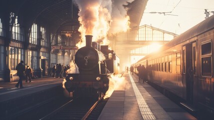 A steam train emits billowing plumes as it departs a bustling station at sunrise, encapsulating the romance and nostalgia of train travel.