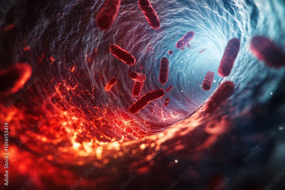 Poster This image depicts red bacterial cells flowing through a fiery, tunnel-like microscopic environment, highlighting the dynamic motion of microorganisms.