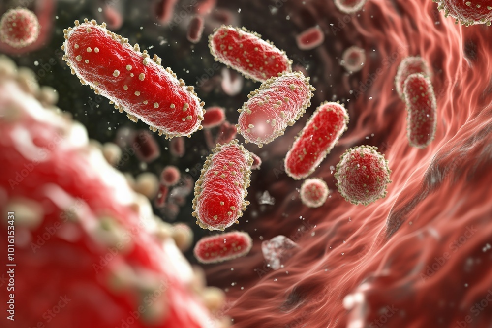 Poster This close-up view shows red bacteria with surface details, surrounded by smaller particles in a textured, flowing crimson tunnel environment.