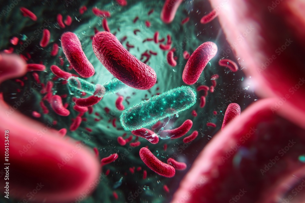 Poster a lively swarm of red and green bacteria spirals in a swirling, complex microscopic environment, dem