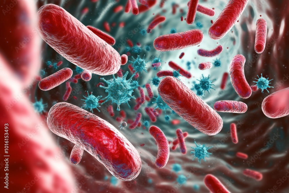 Poster This scene shows bacteria and viruses swirling in a dynamic environment, highlighting the motion and interaction of these microscopic entities in a vivid setting.