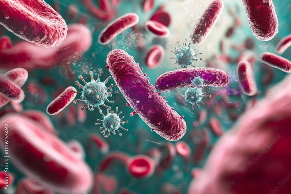 Poster this image captures viruses interacting with rod-shaped bacteria, swirling in a dynamic dance in a t