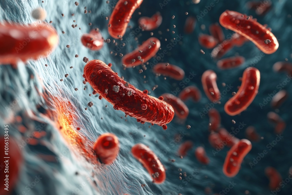 Poster bacteria flow energetically through a turbulent, swirling bloodstream in this image, illustrating dy