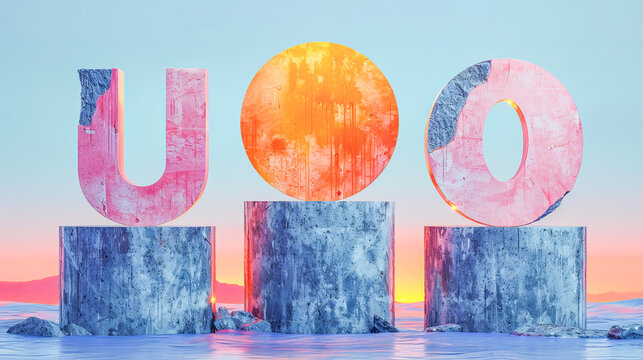 Concrete uoo letters standing on pillars in surreal landscape at sunset