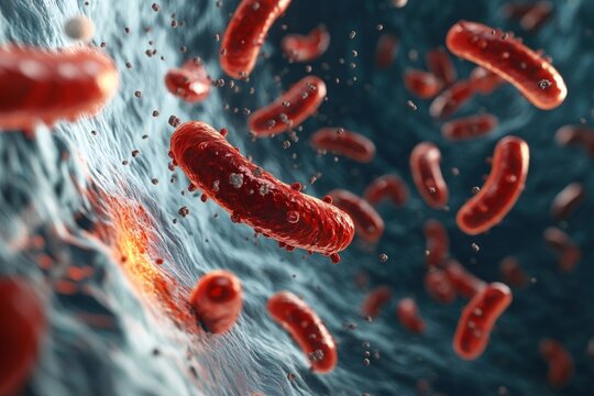Bacteria flow energetically through a turbulent, swirling bloodstream in this image, illustrating dynamic microbial motion in a dramatic microscopic environment.