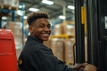 A young forklift operator with a cheerful expression navigates through a bustling warehouse, highlighting themes of hard work and engagement in a busy environment.