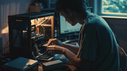 Obraz premium Focused young man meticulously assembles his computer in a softly lit room, embodying passion and concentration as he engages in tech craftsmanship.