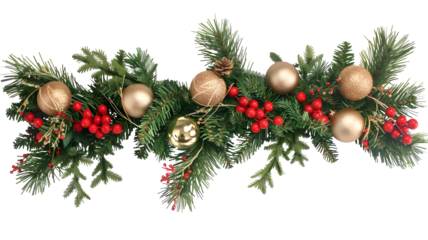Festive pine garland adorned with red berries, golden ornaments, and pine cone, perfect for holiday decorations. This vibrant arrangement brings cheerful touch to any space
