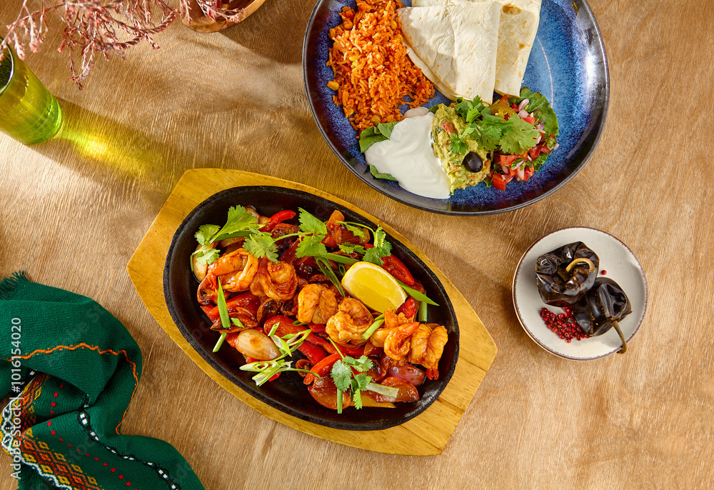 Sticker Close-Up of Delicious Shrimp Fajitas with Colorful Vegetables on a Sizzling Iron Skillet