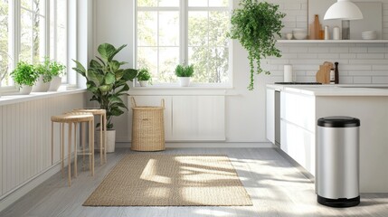 Bright modern kitchen interior with white counters, a cozy rug, and a trash bin, highlighting a minimal and elegant design