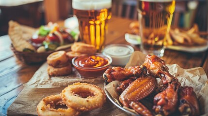 A hearty selection of appetizers including chicken wings, onion rings, and beer is displayed on a wooden table, evoking a welcoming, social vibe.
