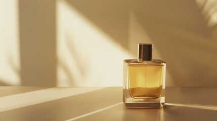 Delicate sunrays cast warm shadows on a refined perfume bottle, evoking a sense of elegance and allure in a minimalist setting.