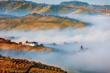 View from of morning fog over the hills with autumnal vineyards in Piedmont, Italy.