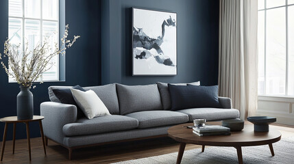 Cozy living room featuring modern gray sofa against navy blue wall, complemented by stylish coffee table and decorative vase. atmosphere is inviting and serene