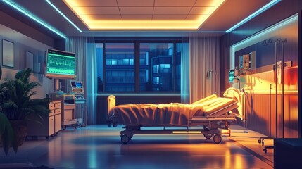 Detailed modern hospital room featuring advanced medical technology, a cozy patient bed, and a welcoming atmosphere for patient recovery