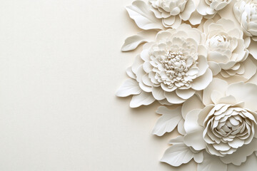 Elegant composition of white 3D paper flowers with layered petals and leaves on a light textured background. Minimalist and sophisticated floral design.