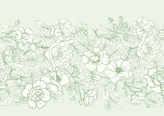 Rose flowers, Seamless pattern, background. Vector illustration. Outline hand drawing.