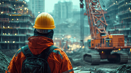 A construction engineer wearing safety gear and a hard hat, inspecting heavy machinery at an urban development site. The backdrop features a cityscape, emphasizing the integration of modern