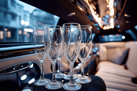 Group of empty champagne glasses inside a luxurious limousine with soft lighting and blurred background indicating a night setting.