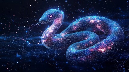 The image displays a vibrant cosmic snake with a glowing, textured surface, weaving through a dark, starry expanse, exuding energy and creativity.