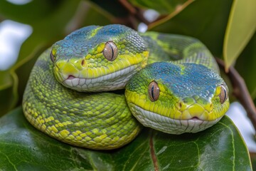 Fototapeta premium Two Vivid Green Tree Vipers Intertwined On Leaf, Symbol Of Chinese New Year 2025, Wildlife