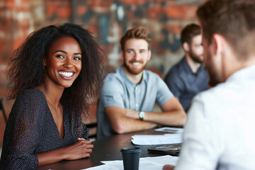 Fototapeta premium A diverse group of employees gathered around a table in an office setting for a team meeting.This image is ideal for illustrating collaboration, inclusivity, and teamwork in a professional environment