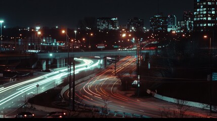 Fototapeta premium Night cityscape with vibrant streaks of car lights on a highway, showcasing the busy urban life against a backdrop of illuminated buildings.