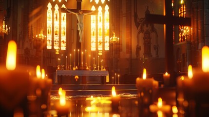 An ornate church interior bathed in amber candlelight, revealing intricate details and a glowing altar.
