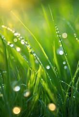 Fototapeta premium close macro lush green grass fresh dew droplets reflecting light vibrant natural setting, nature, leaf, water, detail, texture, reflection, garden, foliage