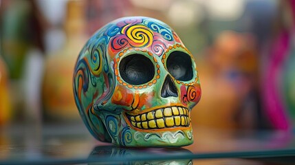 Fototapeta premium A vibrant, colorful skull decoration showcasing intricate designs, perfect for cultural celebrations and artistic displays.