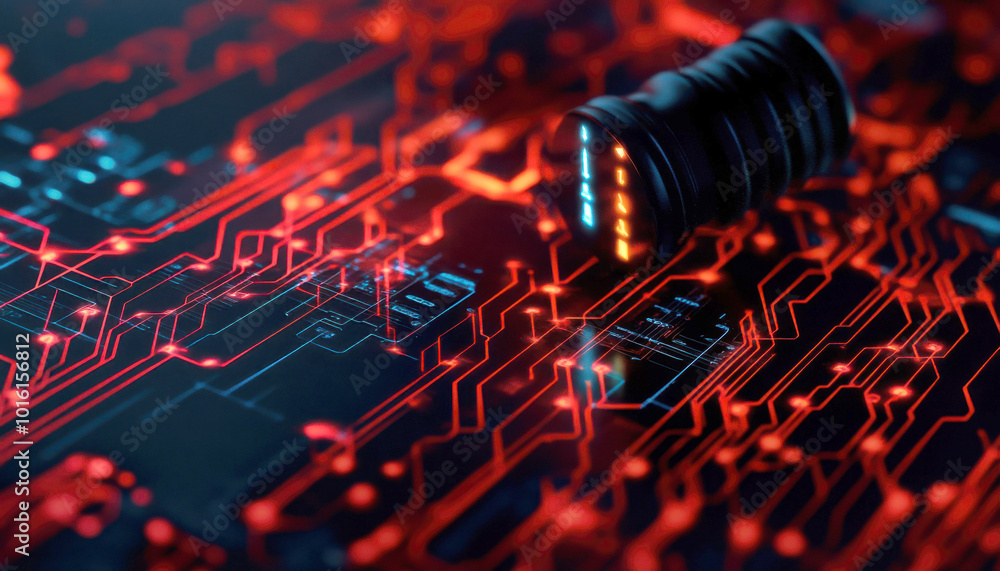 Poster close-up of a circuit board with glowing red patterns and details.