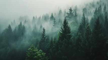 Misty evergreen forest, with towering trees enveloped in fog, evokes mystery and the enchantment of natural beauty.
