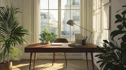 serene minimalist workspace featuring wooden desk, plants, and natural light streaming through large windows. elegant decor creates calm and inspiring atmosphere for productivity