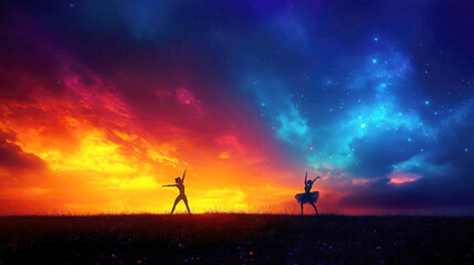 Dancers silhouetted against a vibrant sunset sky with cosmic colors.