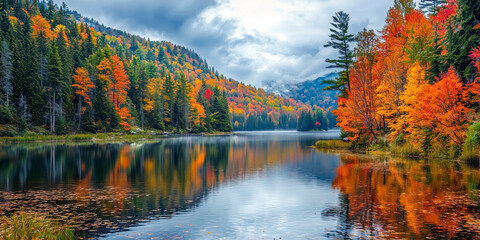 Naklejka premium Autumn alpine lake in the mountains. Colorful autumn forest reflected in water