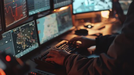 Enthusiastic data analysts dive into multi-layered maps in this low-lit, tech-driven workspace, balancing technology and focus.