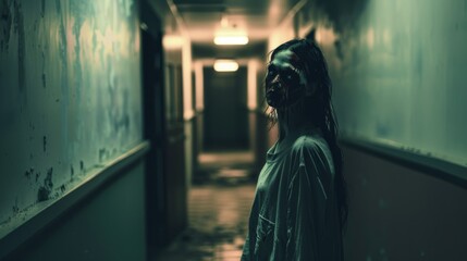 A mysterious figure stands in a dimly lit hallway, exuding an eerie, unsettling vibe reminiscent of horror films.