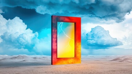 A window frame floating in a desert, reflecting a stormy sky filled with lightning, Surreal, Photorealistic, Stormy