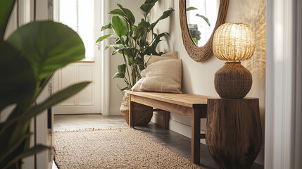 serene minimalist hallway featuring wooden bench, decorative plants, and stylish lamp creates welcoming atmosphere. natural elements enhance spaces tranquility