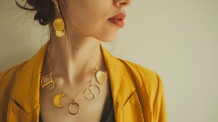 With vibrant red lips and gold accessories, this portrait exudes bold sophistication, as the woman gazes thoughtfully into the distance, full of mystery.