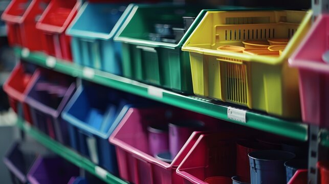 A vibrant shelf lined with plastic storage bins of various colors, creating a vivid and organized display.