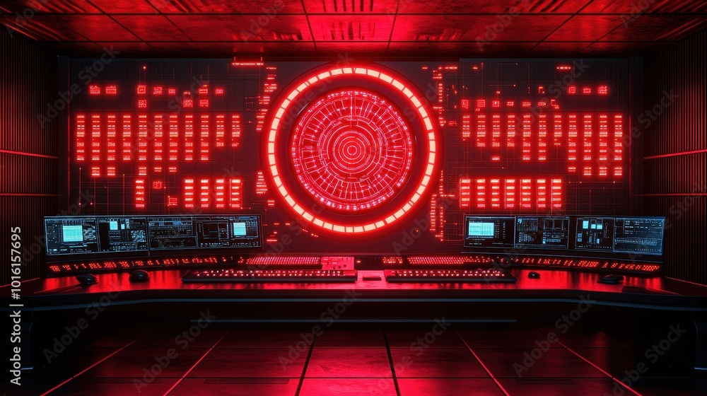 Poster futuristic control room with glowing red interface and advanced technology displays.