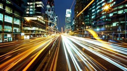 Fototapeta premium A dynamic city street at night is transformed by streaks of light from passing traffic, showcasing the energy and relentless pace of urban life.