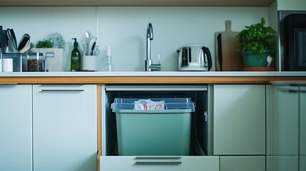 Kitchen cabinet door with a trash bin hanging inside, neatly organized under the sink, showcasing an easy waste disposal method