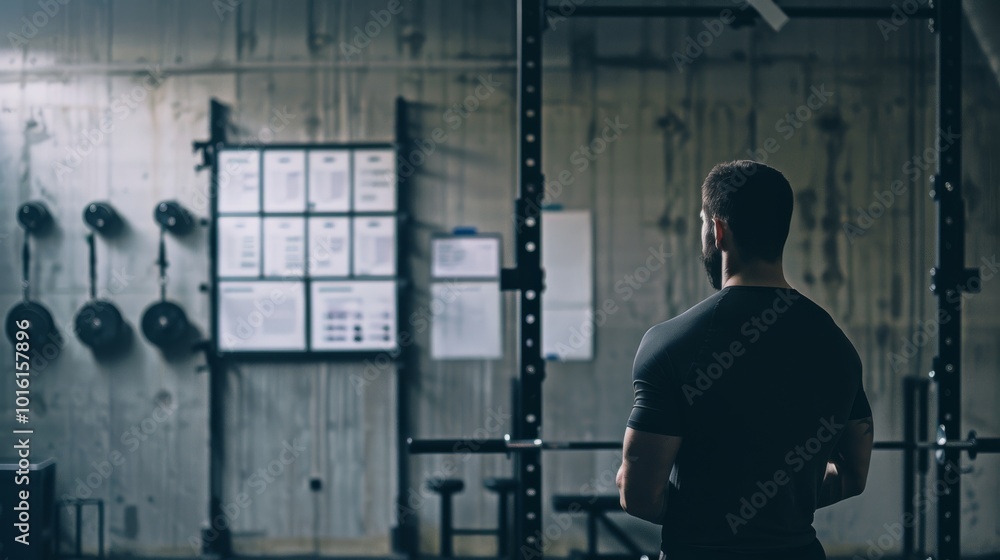 Wall mural A lone man in a gym, facing workout equipment and motivational posters, embodies determination and focus in a minimalist fitness space.