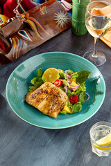 Grilled White Fish Steak with Fresh Veggie Salad in Vibrant Setting