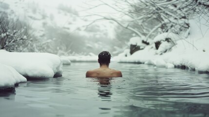 Fototapeta premium A solitary figure immerses in a serene, snow-covered hot spring, exuding tranquility and connection with nature.