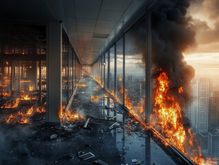 dramatic scene of fire spreading through empty office building, with flames engulfing interior and smoke billowing outside. destruction evokes sense of urgency and chaos