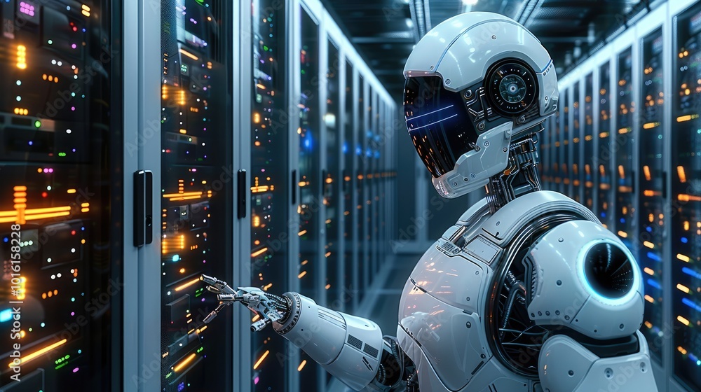 Poster A robot is maintaining server in a high tech server room.
